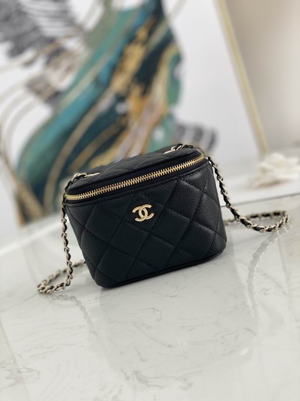Chanel Small Vanity Case with Chain in Black Quilted Grained Leather