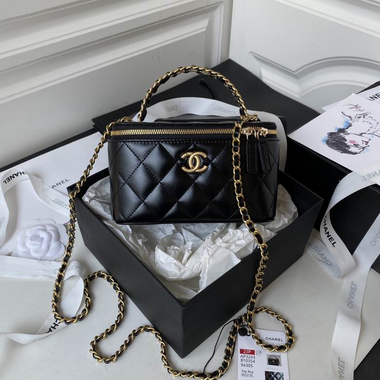 Chanel Small Top-Handle Vanity Case with Chain in Black Quilted Lambskin