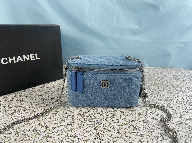 Chanel Vanity Case Mini Crossbody Bag in Blue Quilted Denim with Chain Strap