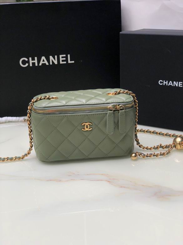 Chanel Small Vanity Case with Adjustable Pearl Crush Chain in Sage Green
