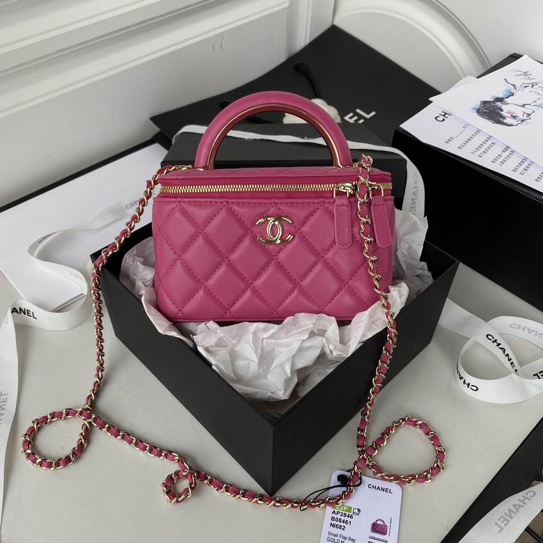 Chanel Small Top-Handle Vanity Case with Chain in Fuchsia Pink Quilted Leather