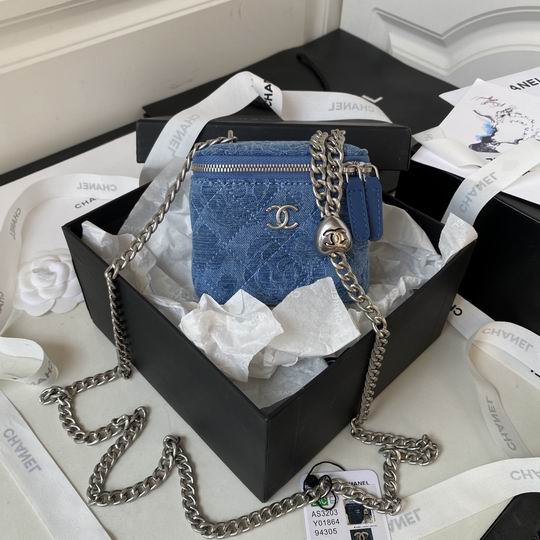 Chanel Mini Vanity Case with Chain in Blue Quilted Denim and Silver Hardware