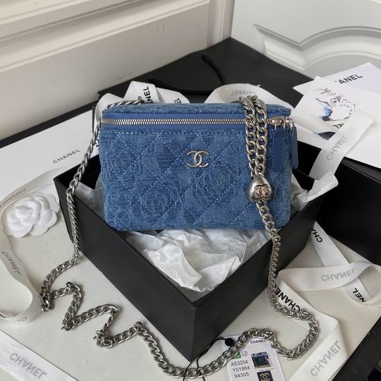 Chanel Vanity Case with Chain in Blue Quilted Denim with Silver Hardware