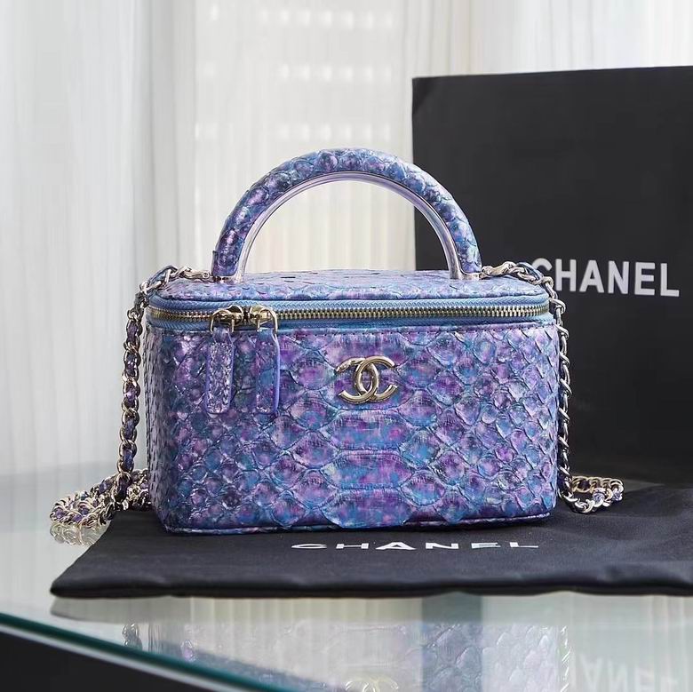 Chanel Top-Handle Vanity Case with Chain in Blue Purple Python-Effect Leather