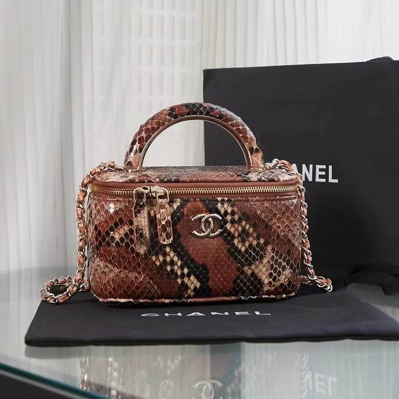 Chanel Vanity Case with Top Handle and Chain in Brown Python-Effect Leather