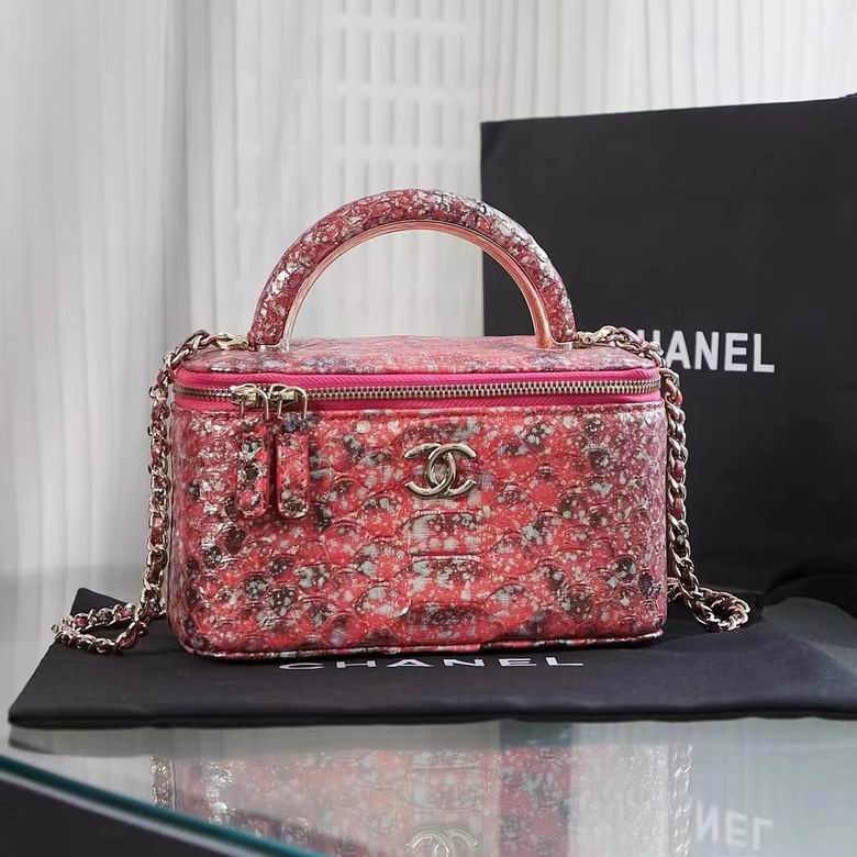 Chanel Vanity Case with Top Handle and Chain in Pink Python-Effect Leather