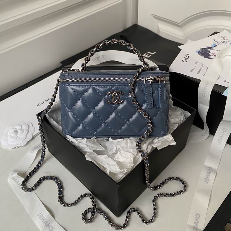 Chanel Small Vanity Case with Chain in Blue Quilted Leather, Silver Hardware