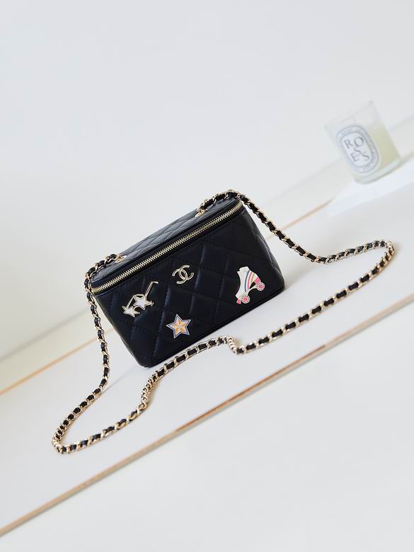 Chanel Small Vanity Case with Chain in Black Quilted Leather and Charms