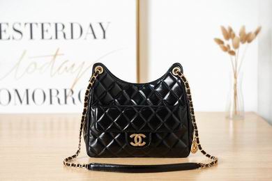 Chanel Small Quilted Hobo Bag in Black Shiny Leather with Gold Chain
