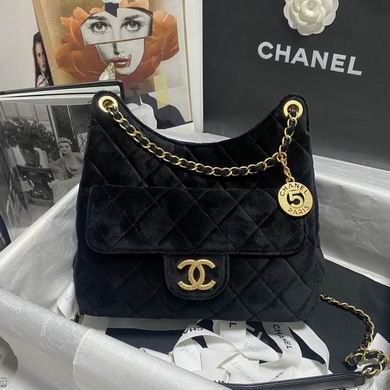 Chanel Small Hobo Bag in Black Quilted Velvet with Gold CC Turnlock