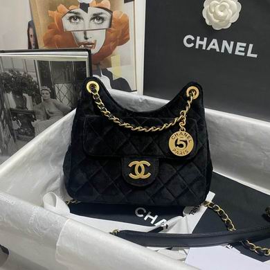 Chanel Small Hobo Bag in Black Quilted Velvet with Gold Chain and Charm