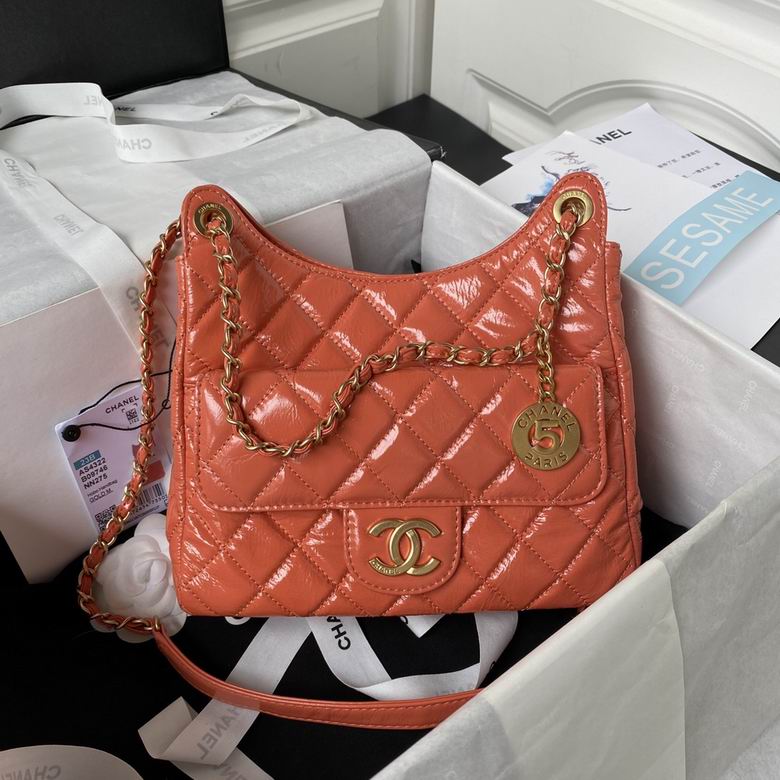 Chanel Small Quilted Hobo Bag in Coral Orange Shiny Calfskin with Gold Hardware