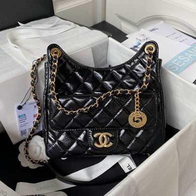 Chanel AS4322 Quilted Hobo Bag in Black Shiny Leather with Gold Hardware