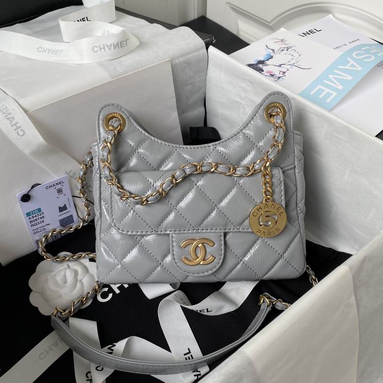 Chanel Small Quilted Hobo Bag with Chain Strap and Gold CC Charm in Gray