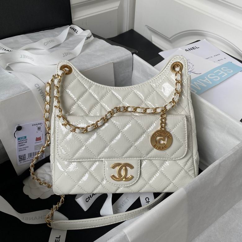 Chanel Small Hobo Handbag in White Shiny Quilted Leather with Gold Hardware
