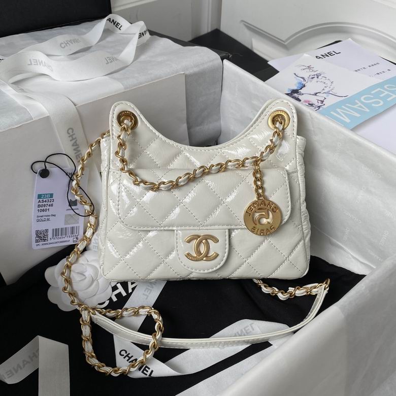 Chanel Small Hobo Bag in White Shiny Quilted Leather with Gold Chain and Charm
