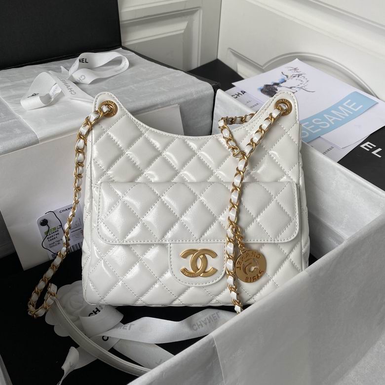 Chanel Small Quilted Hobo Bag in White with Gold Chain Strap and CC Clasp