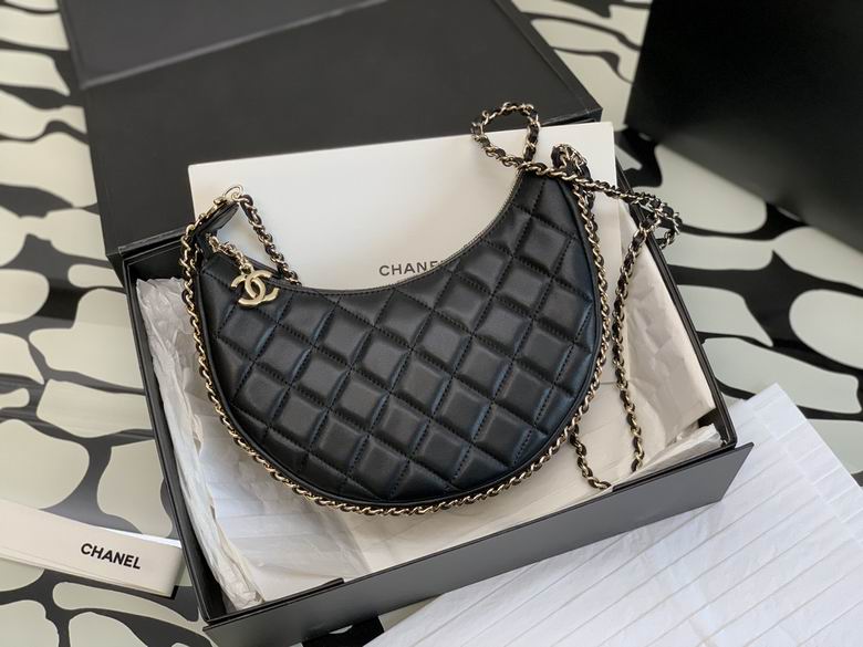 Chanel Crescent Small Quilted Hobo Bag in Black Lambskin with Gold Chain