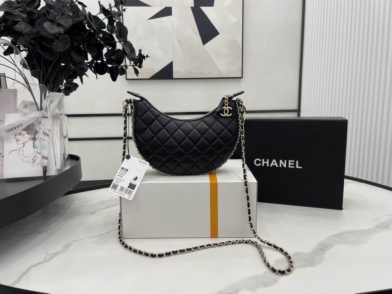 Chanel Crescent Hobo Bag in Black Quilted Leather with Gold Chain Strap