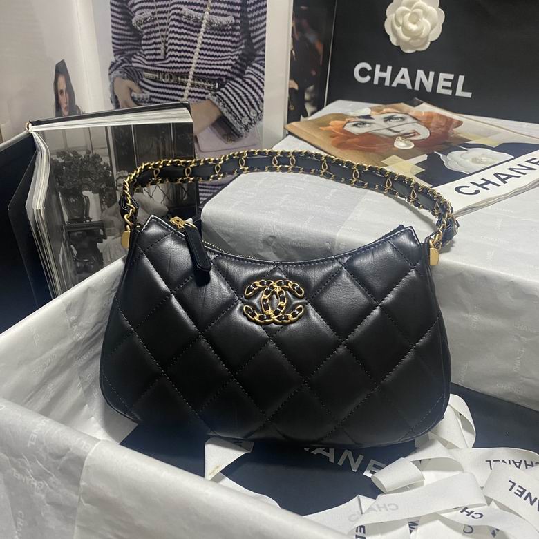 Chanel Crescent Hobo Bag in Black Quilted Leather with Gold Chain Strap