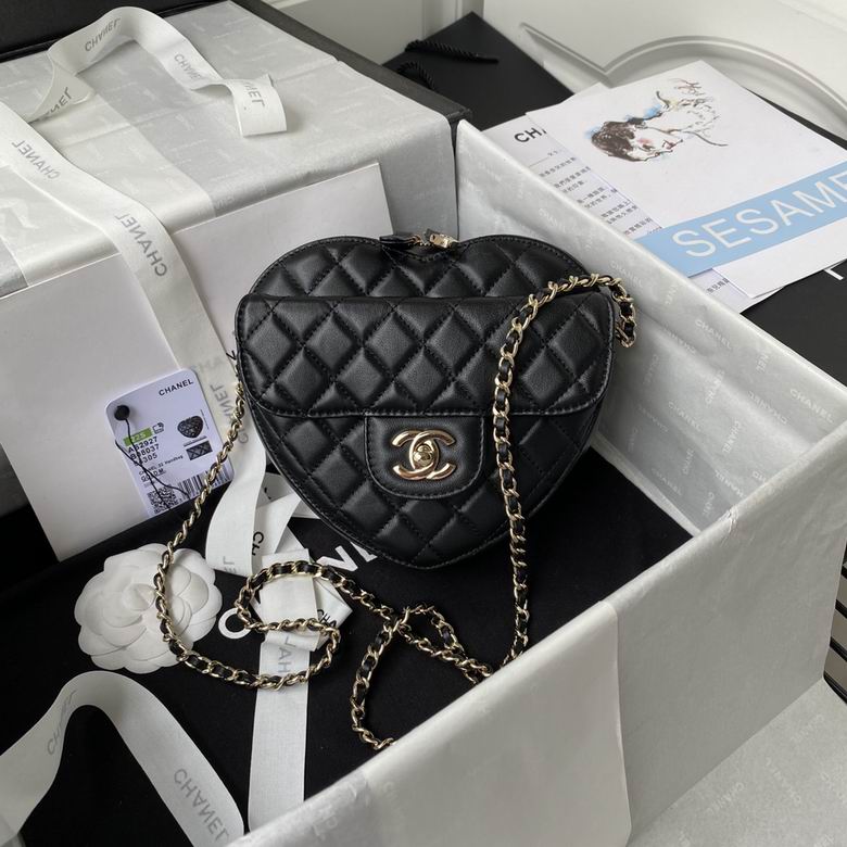 Chanel Heart Bag Small Quilted Crossbody in Black Lambskin with Gold Chain