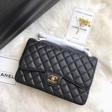 Chanel Classic Flap Jumbo Quilted Shoulder Bag in Black Caviar Leather