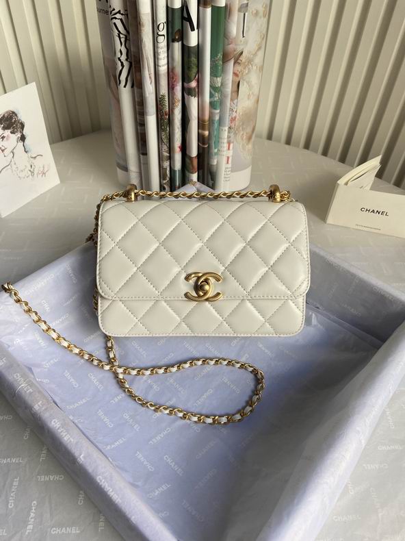 Chanel Classic Flap Small Crossbody Bag in White Quilted Leather with Gold Chain