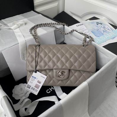 Chanel Classic Flap Medium Shoulder Bag in Grey Quilted Leather, Silver Hardware