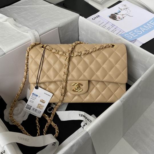 Chanel Classic Flap Medium Shoulder Bag in Beige Quilted Lambskin, Gold Hardware