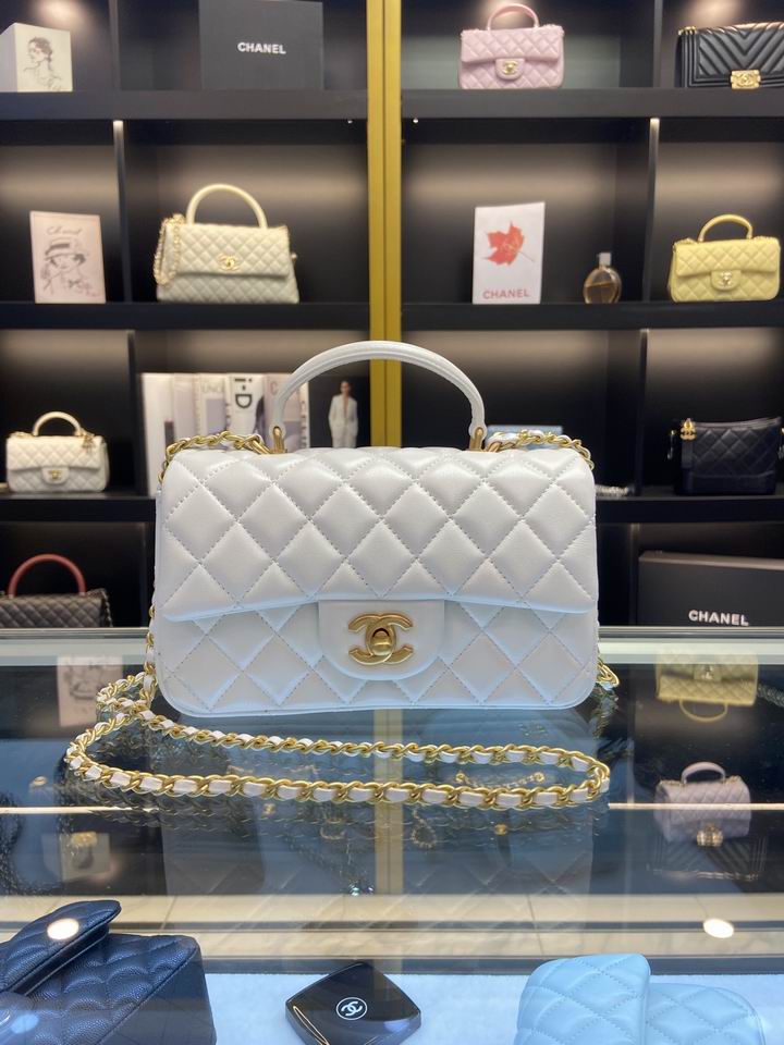 Chanel Mini Classic Flap Bag with Top Handle in White Quilted Leather