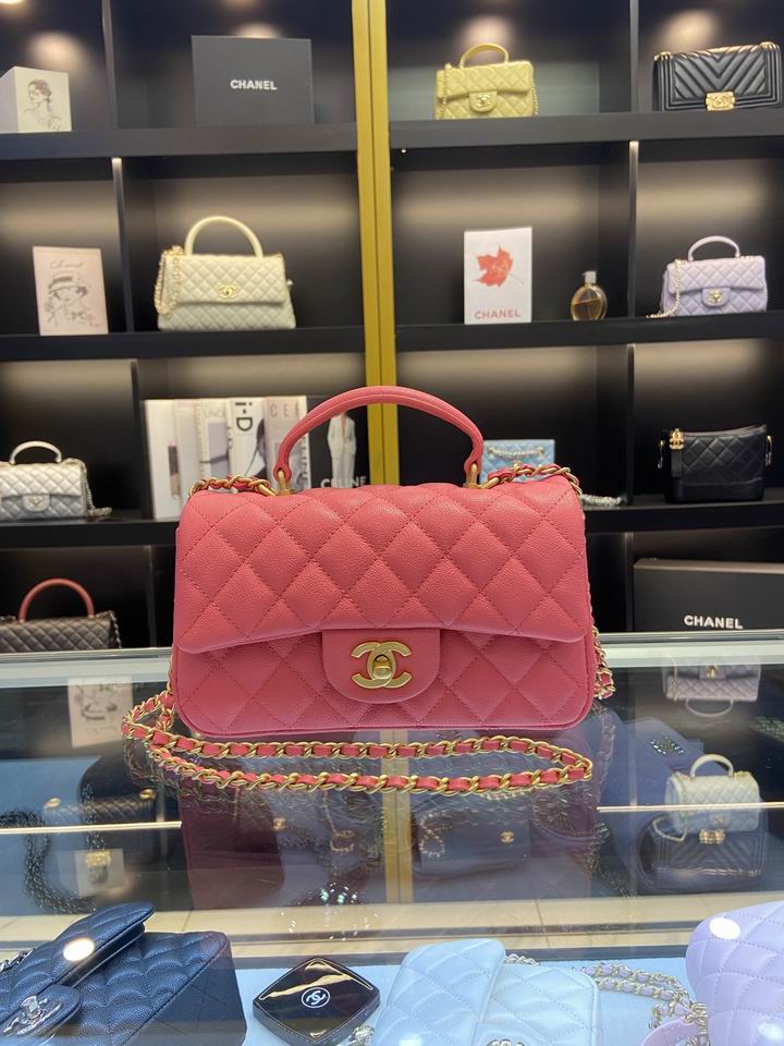 Chanel Mini Flap Bag with Top Handle in Pink Quilted Grained Leather