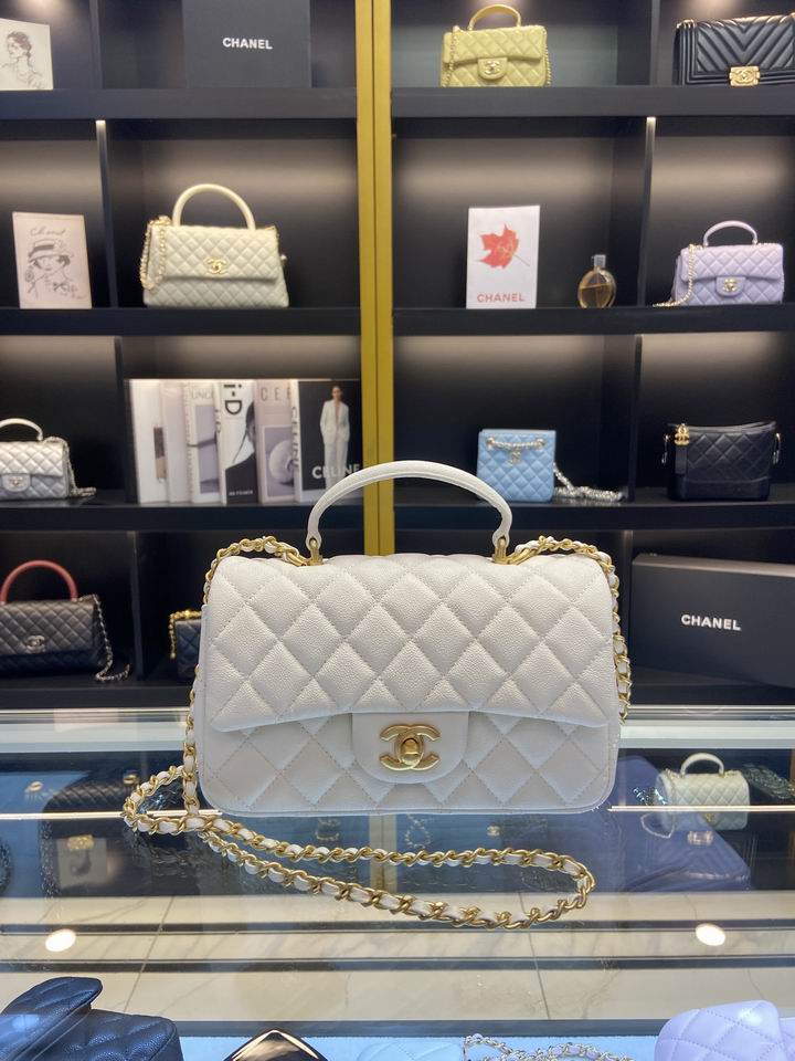 Chanel Mini Flap Bag with Top Handle in White Grained Calfskin, Gold Hardware