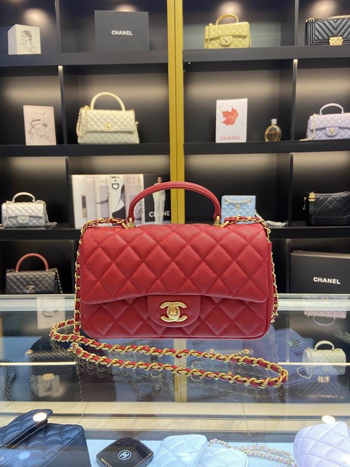 Chanel Mini Flap Bag with Top Handle in Red Grained Calfskin, Gold Hardware