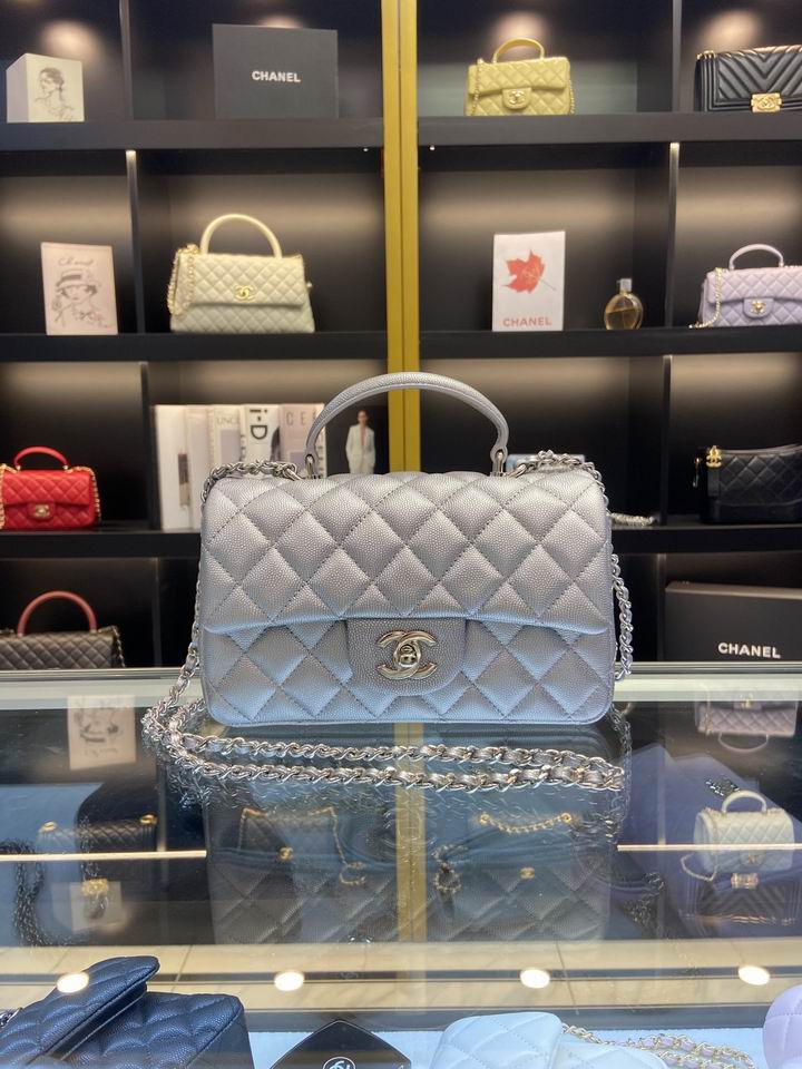 Chanel Mini Flap Bag with Top Handle in Silver-Gray Grained Leather