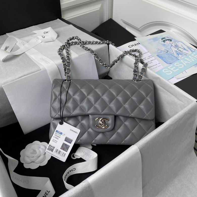 Chanel Classic Flap Medium Shoulder Bag in Grey Quilted Lambskin, Silver Hardware