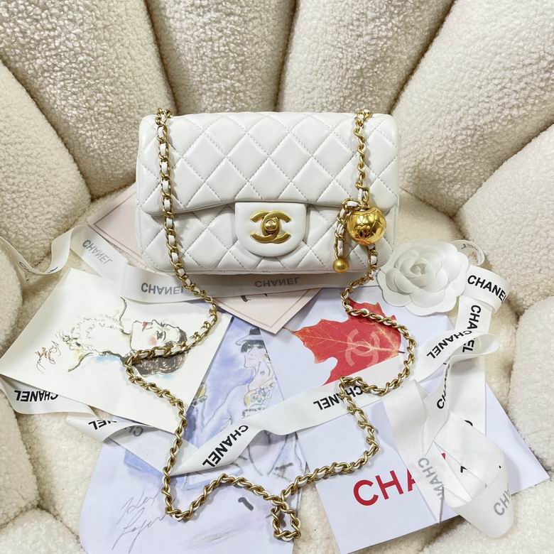 Chanel Classic Flap Mini Pearl Crush-Style Gold Ball Bag in White Quilted Leather