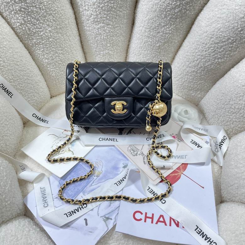 Chanel Classic Flap Mini Bag with Gold Pearl Ball Charm in Black Lambskin