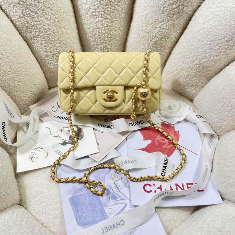 Chanel Classic Flap Mini Rectangular Bag with Gold Pearl Ball Chain in Yellow