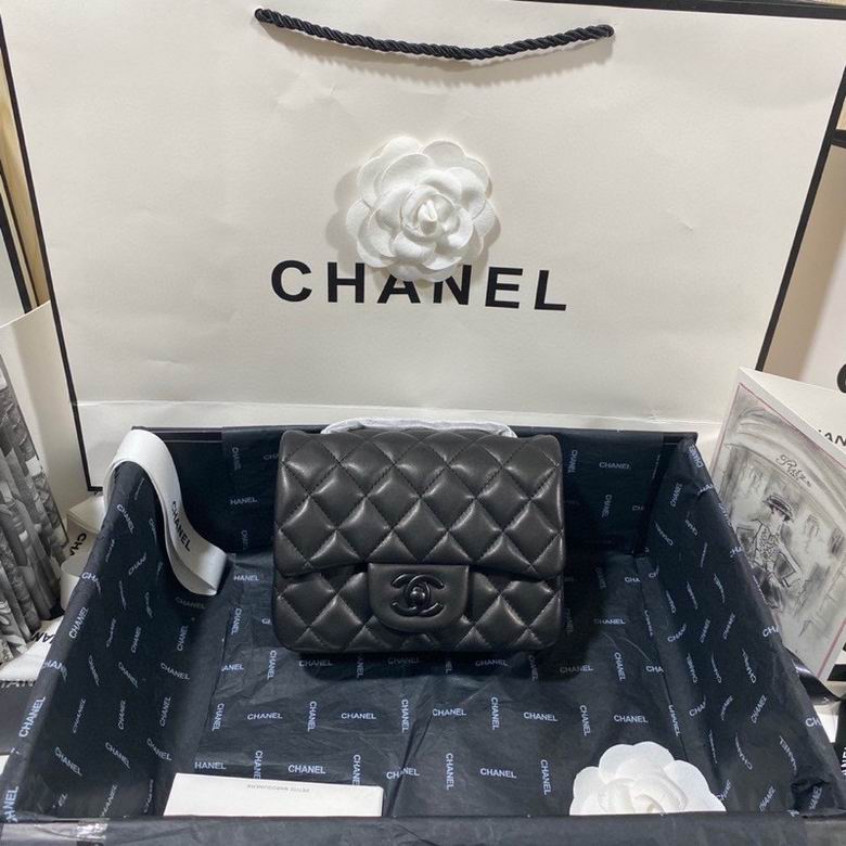 Chanel Classic Flap Mini Square Bag in Black Quilted Lambskin, Black Hardware