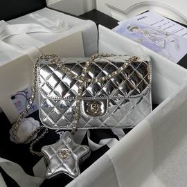 Chanel Classic Flap Bag in Silver Metallic Quilted Leather with Star Coin Purse