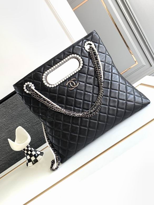 Chanel Quilted Pearl-Trim Chain Tote Bag in Black Lambskin Leather