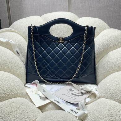 Chanel 31 Large Quilted Shopping Bag with Chain Strap in Navy Lambskin