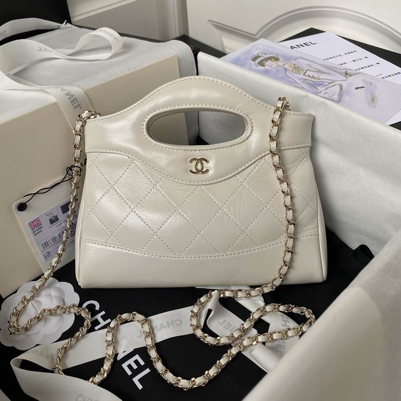 Chanel 31 Mini Top-Handle Bag with Chain Strap in White Quilted Leather