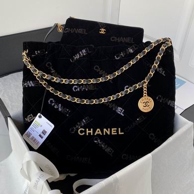 Chanel 22 Large Drawstring Hobo Bag in Black Quilted Velvet with Logo Print