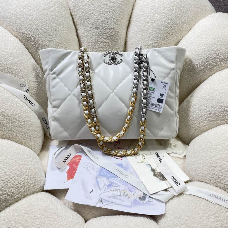 Chanel 19 Shopping Tote in White Quilted Leather with Mixed-Metal Chain Straps