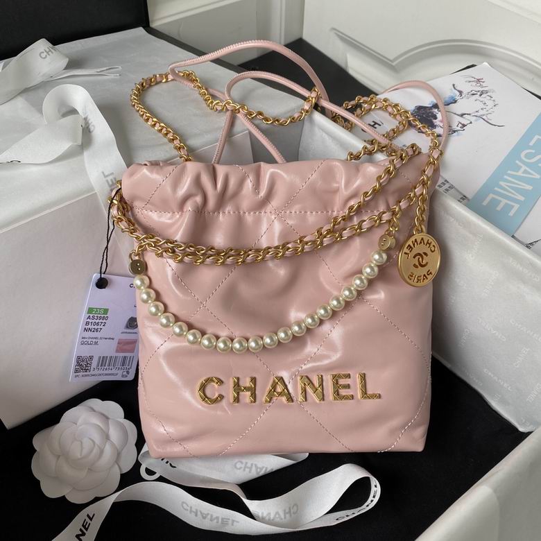 Chanel 22 Mini Handbag in Pink Shiny Quilted Leather with Pearl Chain