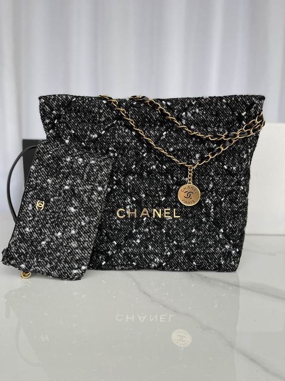 Chanel 22 Medium Tote Bag in Black and White Tweed with Gold Chain