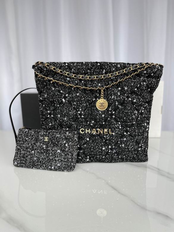 Chanel 22 Large Tote Bag in Black and White Tweed with Gold Hardware