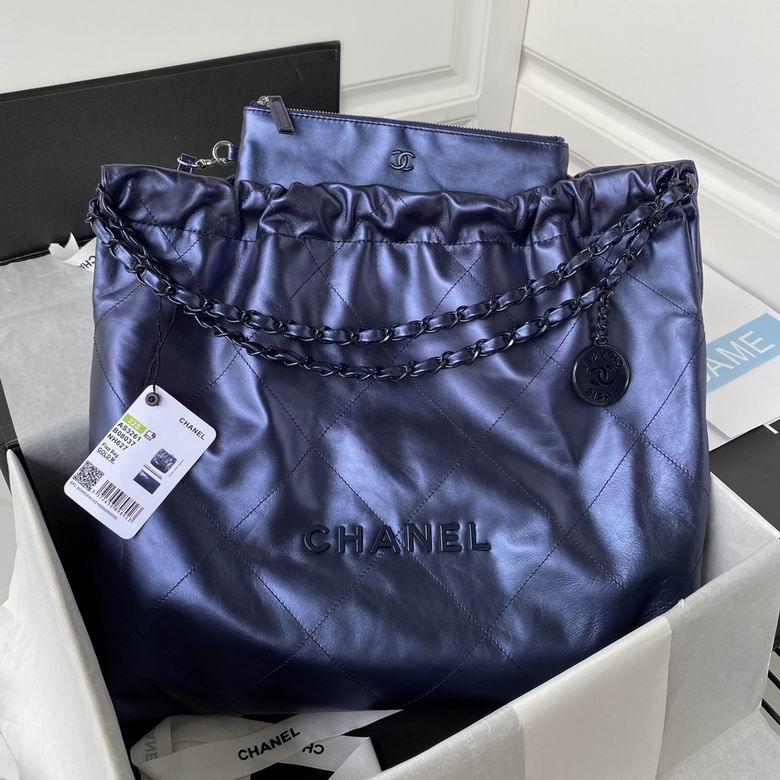 Chanel 22 Large Drawstring Tote Bag in Metallic Navy Blue Quilted Leather