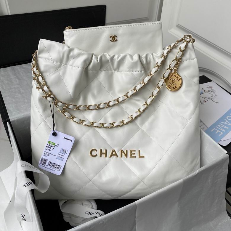 Chanel 22 Large Drawstring Hobo Bag in White Quilted Leather with Gold Hardware